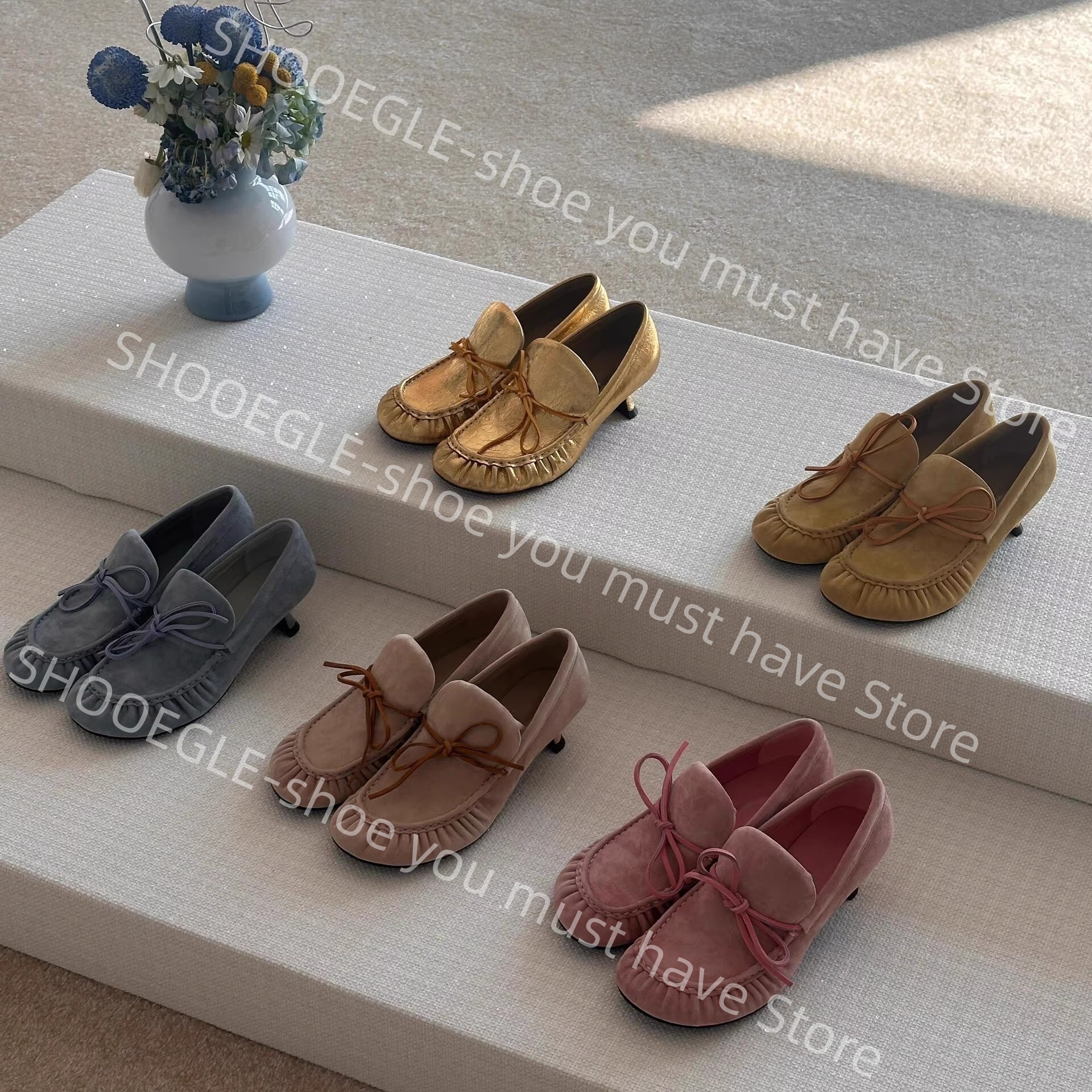 Vintage Slip Dress - Women's Suede Kitten Heel Loafers Bow