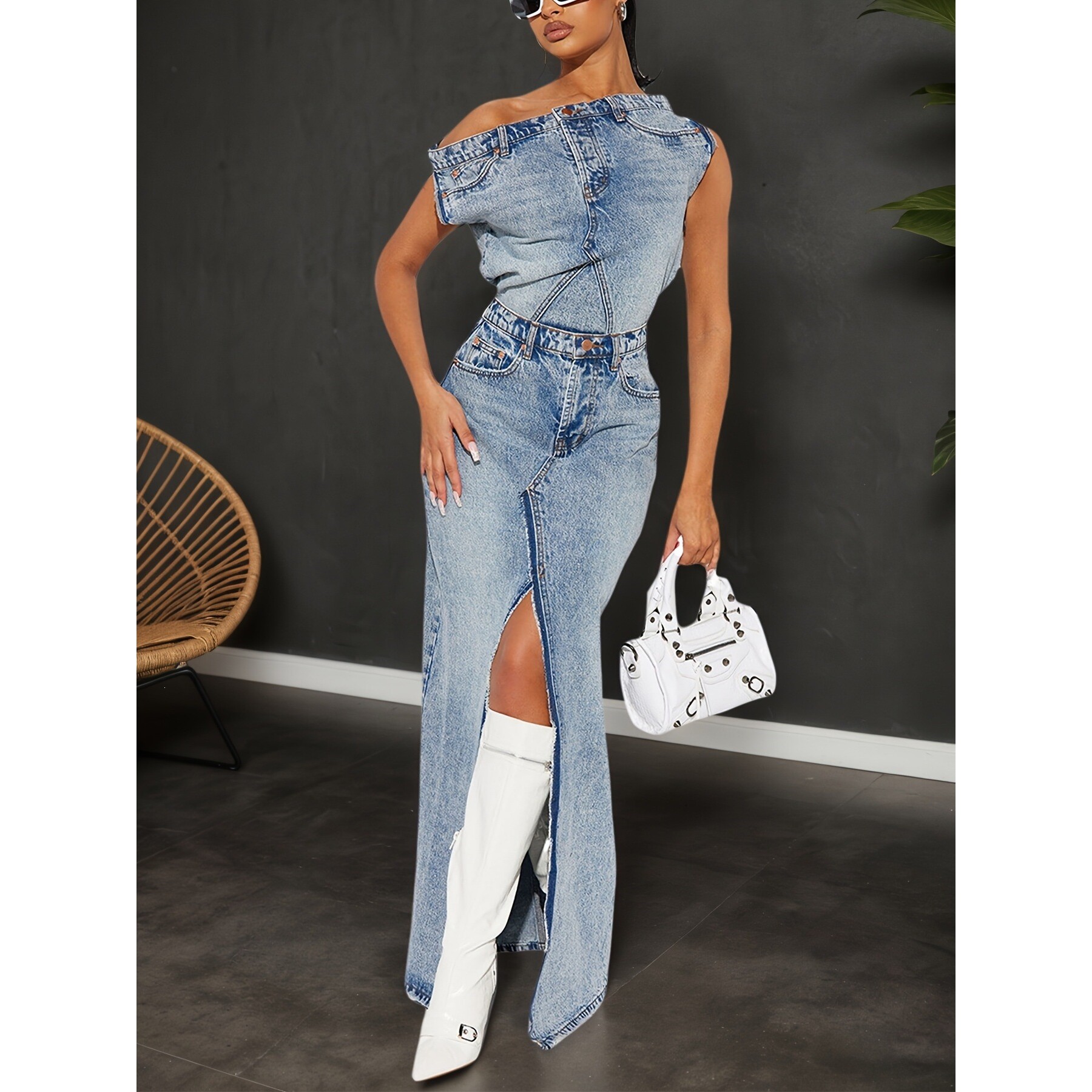Vintage Fashion Retro Outfit - Retro Slit Denim Set Women's Fashion