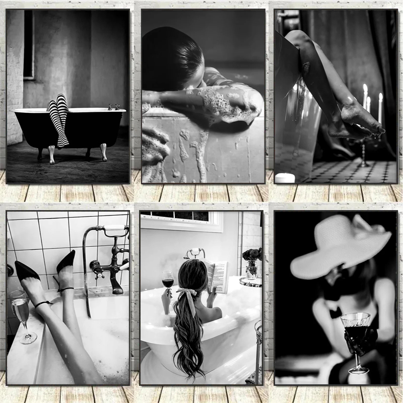 Black and White Woman Bathroom - Vintage Fashion Prints For Wall avaliação e preço