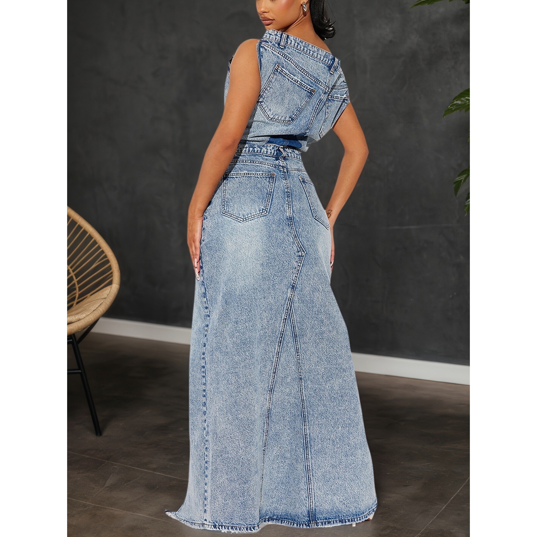 Retro Slit Denim Set Women's F - Vintage Fashion Retro Outfit avaliação e preço