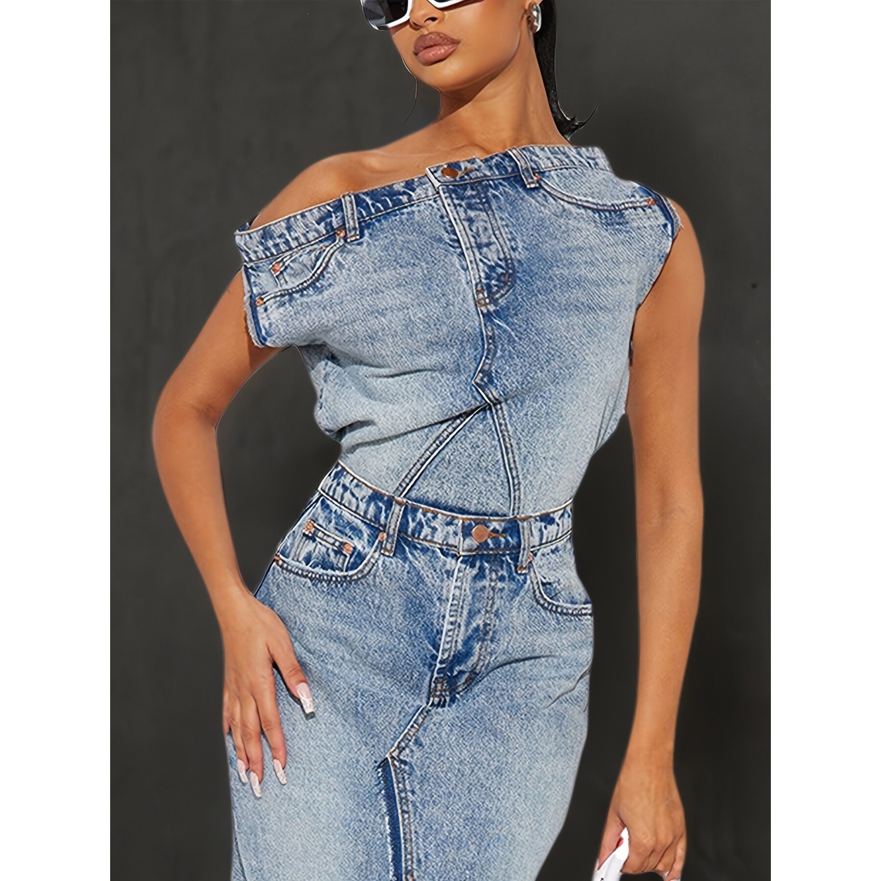 Retro Slit Denim Set Women's F - Vintage Fashion Retro Outfit avaliação e preço